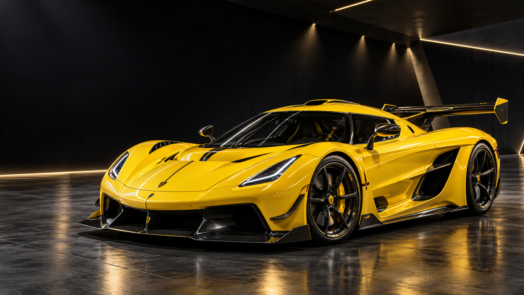 Yellow Jesko-inspired megacar in a cinematic dark showroom